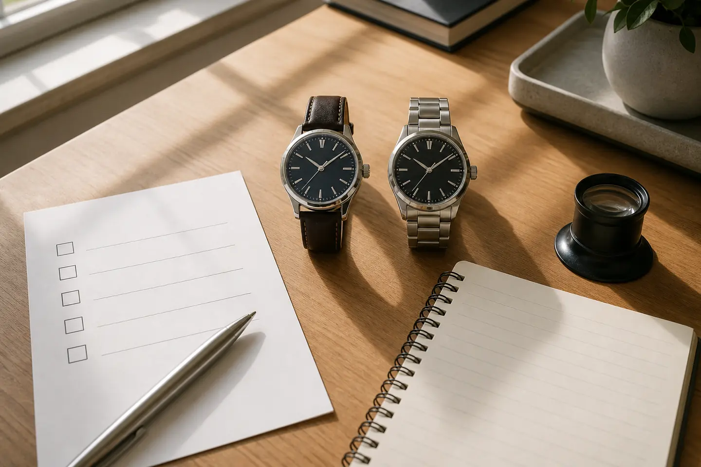 Two generic unbranded wristwatches on a desk beside a blank checklist, notebook, and magnifying loupe.