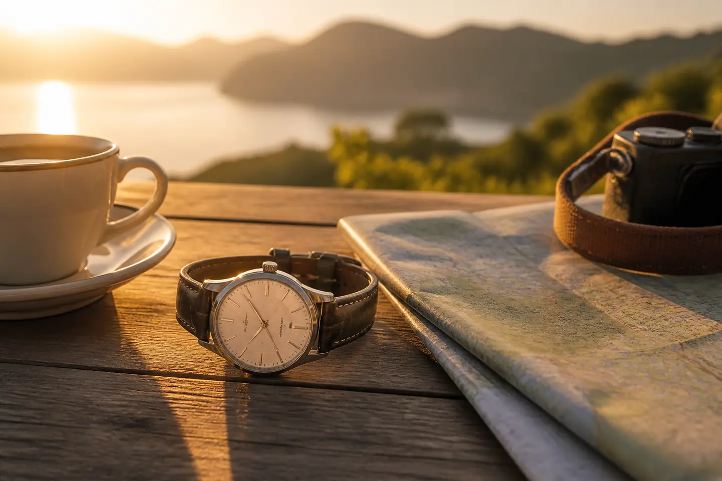 A generic wristwatch on a wooden table at golden hour beside a folded map, camera strap, and coffee cup, with a distant landscape.