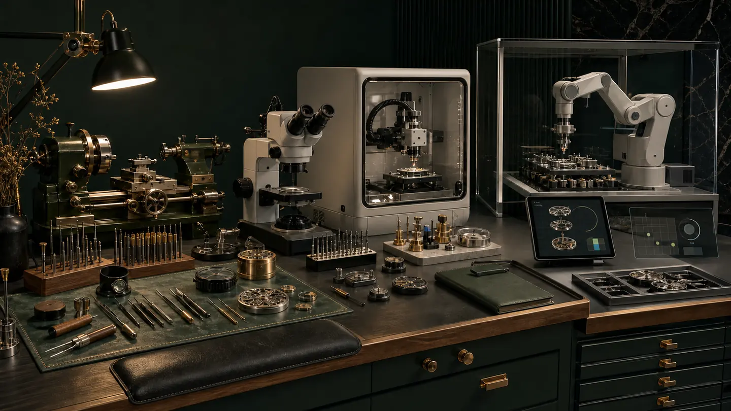 An illustrated watchmaking workbench combining unbranded hand tools, a small lathe, microscopy, enclosed micro-machining, abstract measurement displays, and guarded robotic microassembly.