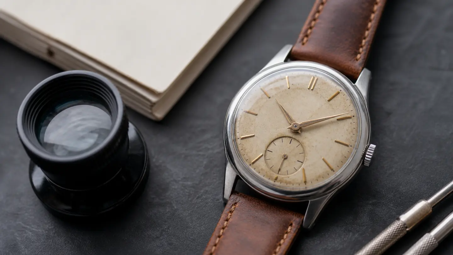 Unbranded mechanical watch, loupe and caliper arranged for a condition review