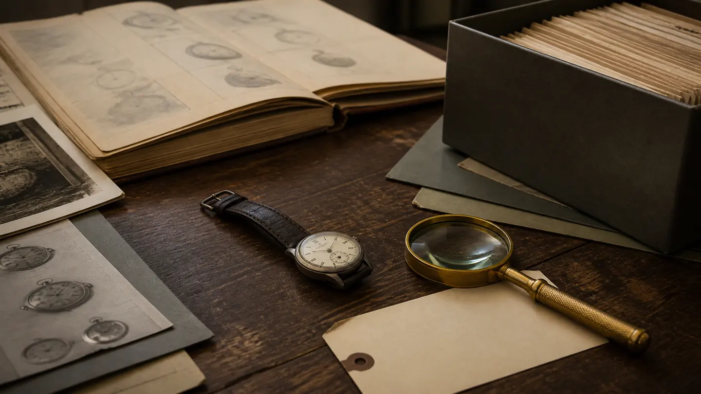 A generic vintage-style wristwatch beside archival folders, loose reference pages, and a magnifying glass on a wooden table.