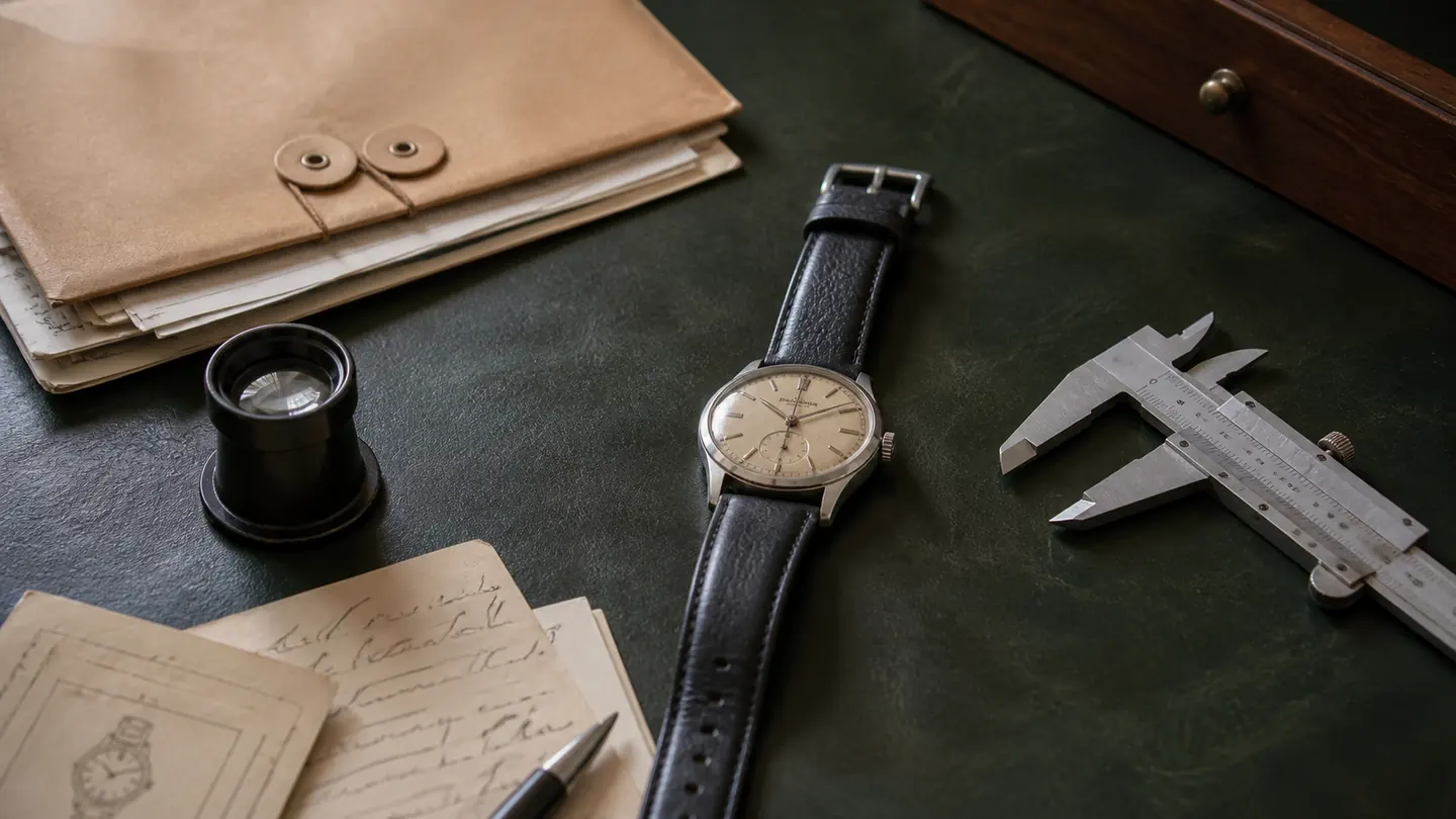 A generic unbranded wristwatch beside a loupe, calipers, and unlabeled reference papers on a green work surface.