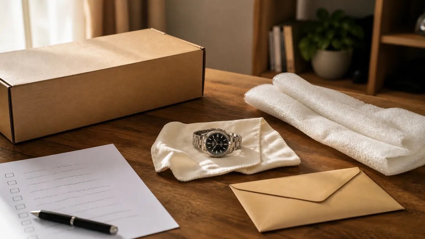 A generic unbranded wristwatch on a protective cloth beside a plain shipping box, bubble wrap, an envelope, and a checklist.
