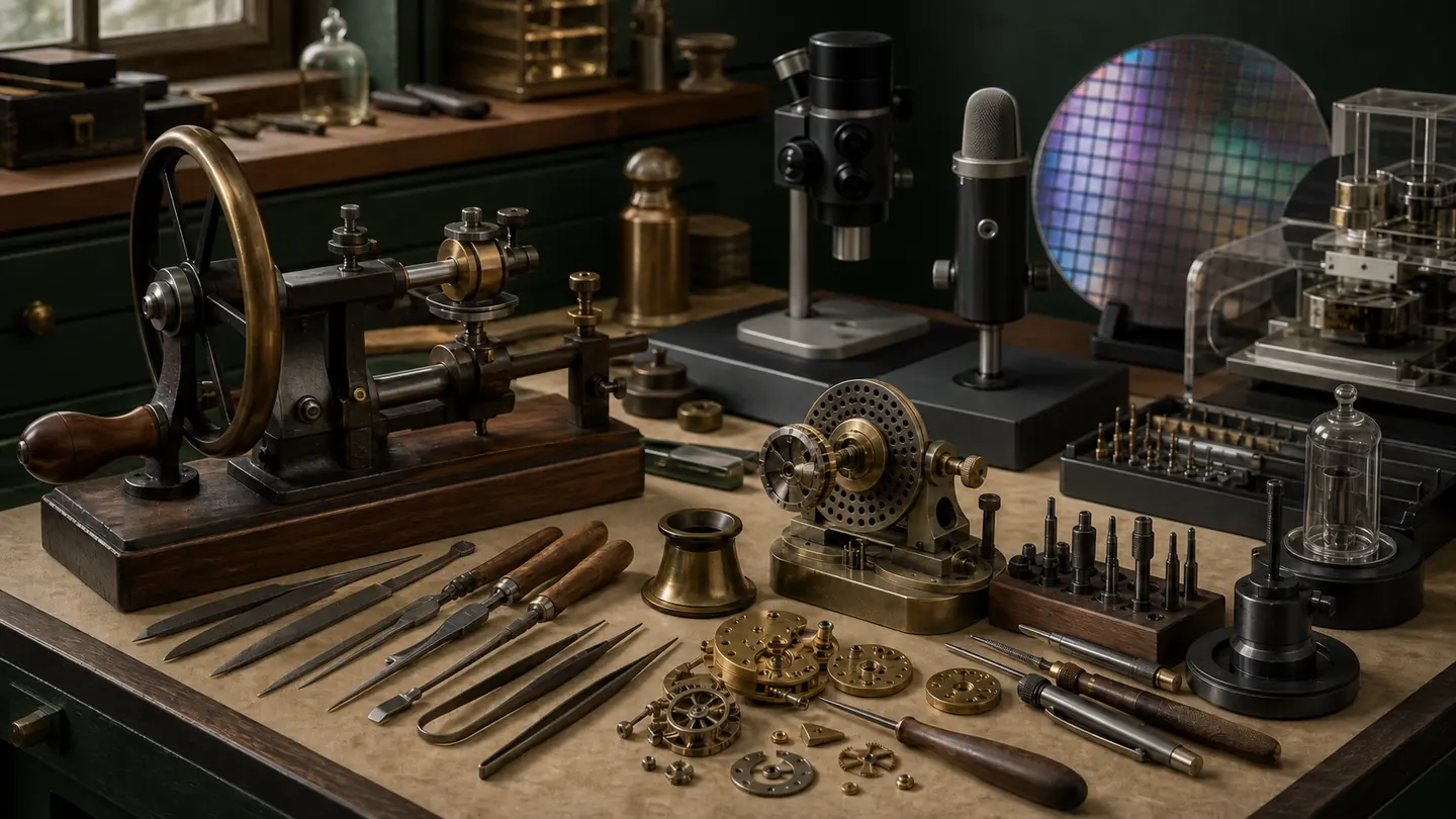 An illustrated workshop table combining unbranded hand files, a small historical-style lathe, wheel-cutting equipment, microscopes, movement parts, and a silicon wafer.